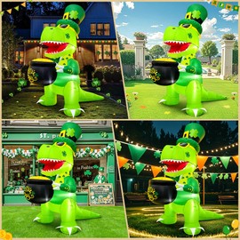 KOOY 5 FT St Patricks Inflatable Dinosaur Hold Gold Pot Outdoor Decor with Shamrock Hat, Saint Patricks Blow Up Inflatable Irish Decorations for Yard Holiday Party Blow Up Yard Decorations