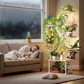 MemoCastle White Plant Shelves with Grow Lights: 7-Tier 65" Tall Modern Plant Stand for Indoor Corners, Living Room Display or Bedroom Gardening Rack