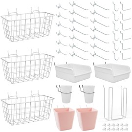 Pegboard Basket Organizers, Peg Board Large Baskets Hooks Bins Cups Tool Organizer 42 Pack Set, Wall Storage Display Hanging Accessories for Craft Office Stadio Shed Garage Organization (White & Pink)