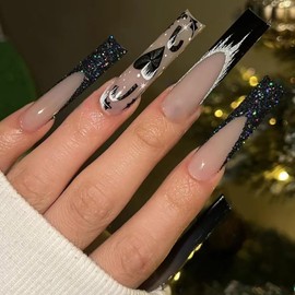 Press on Nails Long Coffin Shaped Glossy Full Cover Acrylic Square Long False Nails with Designs Artificial Extra Long Coffin Fake Nails with Charm Glue Stick on Fingernails for Women Girls(SGCY306)