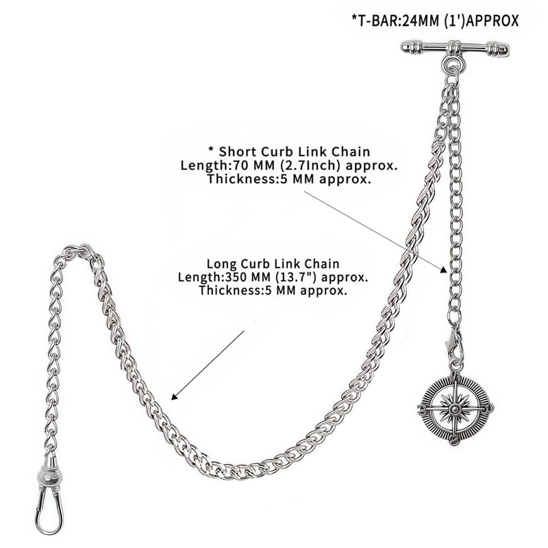Kchss Pocket Watch Chain Double Albert Chain T-Bar Watch Chain