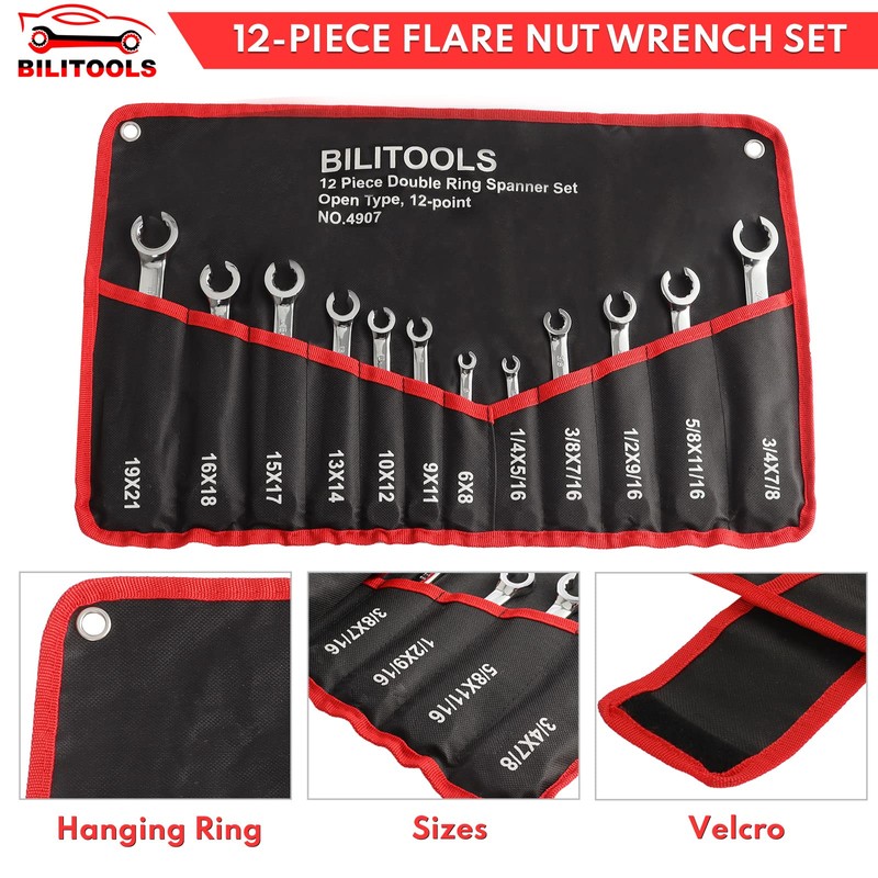 BILITOOLS 12-Piece Flare Nut Wrench Set, Metric & Standard, 12-Point