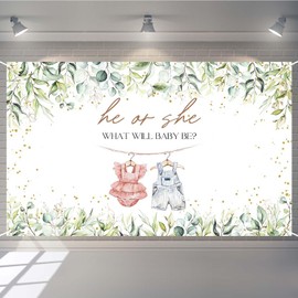 Joliaco Baby Clothes Gender Reveal Banner He or She What Will Baby Be Photography Backdrop Boho Clothes Eucalyptus Leaves Gender Reveal Party Decorations (6x3.6ft)