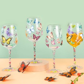 SiliFine 4 Pcs Butterfly Hand Painted Wine Glasses with Long Stem Decorative Drinking Cup Wine Glasses Butterfly Gifts for Women Wedding Birthday Housewarming Christmas Party Supplies