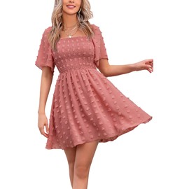 EXLURA Women's Summer Flowy Mini Sundress Square Neck High Waist Swiss Dot Smocked Ruffle Short Flutter Sleeve Dress Blush Pink