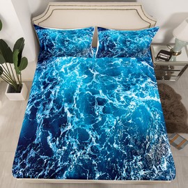 Erosebridal Blue Waves Bed Sheets Set King Size Ocean Sea Sheet Set Summer Theme Print Sheets Marine Water Grain Nautical Deep Pocket Top Sheet with 2 Pillow Cases