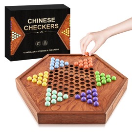 15" Huge Wooden Chinese Checkers with Drawers 12 Bonus Spare Marbles| Natural Wooden Board Game| Includes 60 Colorful Glass Marbles | Family Board Game for Kids and Adult(15 Inches)