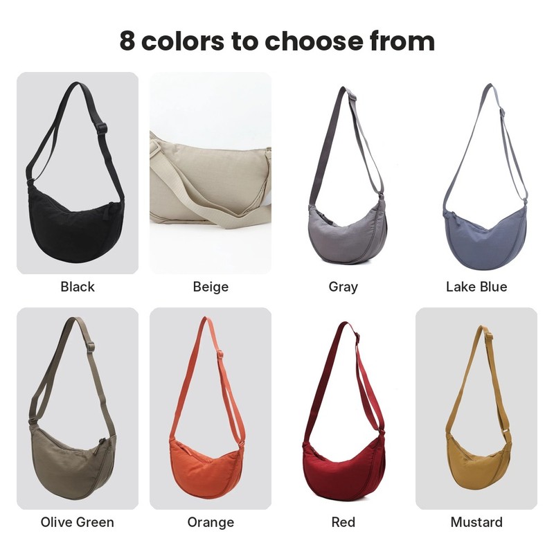Nylon Crescent Crossbody Bag for Women – Lightweight Slouchy Hobo