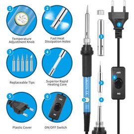 SREMTCH Soldering Iron, 60 W/220 V Soldering Iron Set with Adjustable Temperature Knob 200-450 °C and On/Off Switch, 100 g Solder, 5 Soldering Tips, Desoldering Pump, Soldering Stand with Sponge, PU