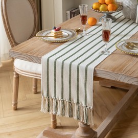 Caflife Boho Table Runner 72 Inchs Long Green and Beige, Cotton and Linen Woven with Tassels, for Modern Rustic Farmhouse Neutral Table Runners, Bohemian Kitchen Dining Table Home Decor