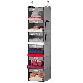 Weekly Clothes Organizer for Kids - 6-Shelf - Hanging Closet Daily Clothing Organization Labeled Shelves with Days of The Week Monday Through Friday, Weekday and Weekend (Grey)