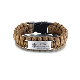 LF Mens Stainless Steel PTSD Medical Alert Outdoor Brown Rope Paracord Survival Medical ID Bracelet Sos Emergency Cuff Bracelets for Adult Hiking Camping Hunting (post-traumatic stress disorder)