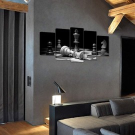 WELMECO Large 5 Pieces Wall Decor Closeup of Checkmate Wooden Chess King Knight Picture Vintage Canvas Prints for Living Room Office Game Room Decor L-60 x H-32 (02 Black White)