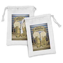 Lunarable Oktoberfest Fabric Pouch Set of 2, Cold Foamy Beer Mugs Cheers Party Theme Tourist Attraction Travel Destination, Small Drawstring Bag for Toiletries Masks and Favors, 9" x 6", Blue Beige