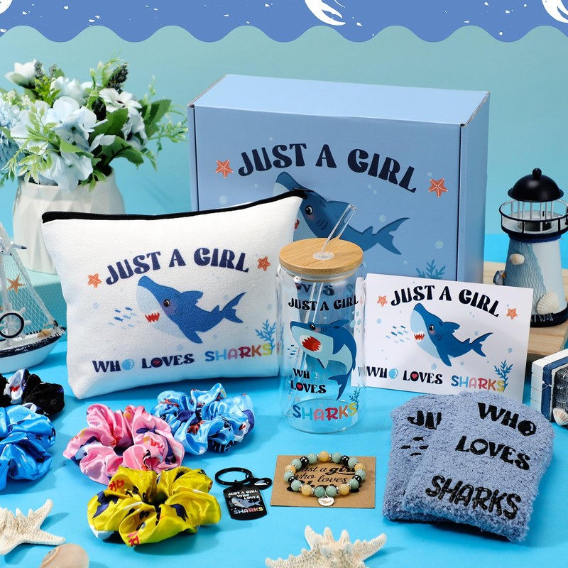 Potchen 12 Pcs Shark Gift Set Tumbler Makeup Bag Keychain