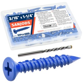 SANJODS 3/16" x 1-1/4" Concrete Screw Anchor, Blue Flat Head Screws for Anchoring to Masonry, Brick, Block, Cement or Stucco (Pack of 80)