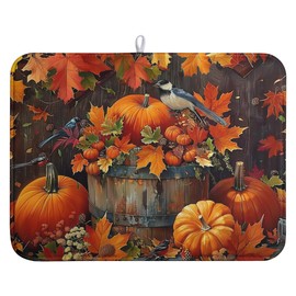Fall Pumpkin Maple Leaf Bird Dish Drying Mat for Kitchen Counter 18x24 Inch Autumn Harvest Reversible Microfiber Drying Mats Thanksgiving Drying Pad Orange Brown Super Absorbent Dish Drainer Mats