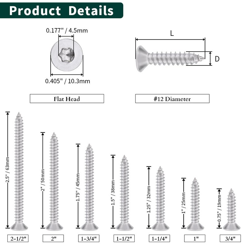 #12 x 2 Flat Head Torx Drive Self Tapping Screws