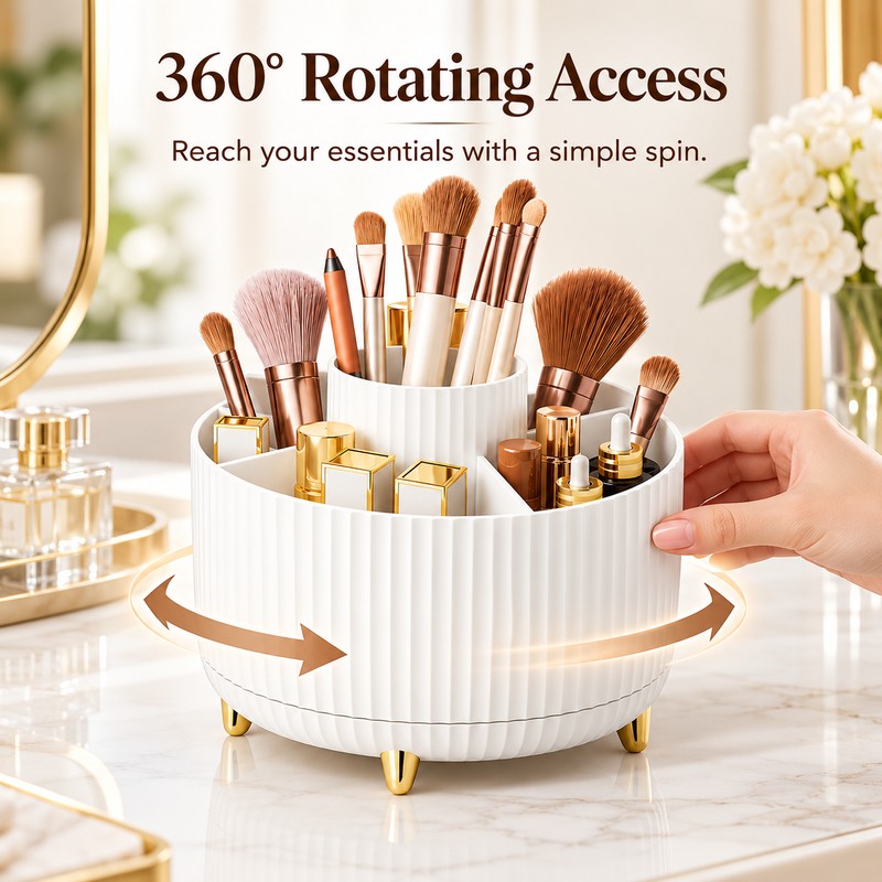 360° Rotating Makeup Organizer for Vanity – Multi-Compartment Cosmetic Storage