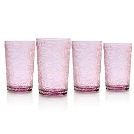 Godinger Highball Drinking Glasses, Tall Glass Cups Cocktail Glasses, Water Glasses, Romantic Design - Paisley Collection, Blush, Set of 4