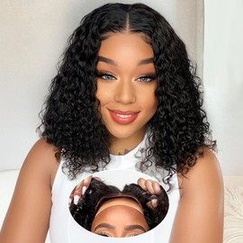 FCUFCU 14 Inch Water Wave Bob Wig Human Hair 5x5 Frontal Lace Wig 200% Density Short Bob Wigs Human Hair for Black Women Glueless Curly Bob Wig With Baby Hair Natural Black