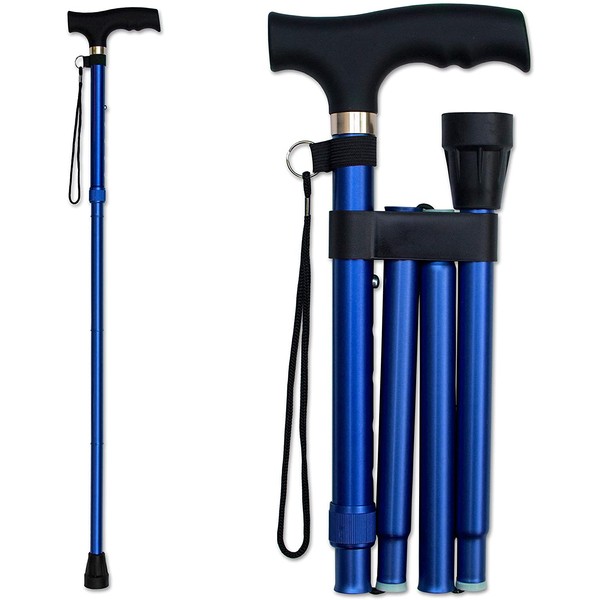 RMS Folding Cane - Foldable, Adjustable, Lightweight Aluminum Offset Walking Cane - Collapsible Walking Stick with Ergonomic Derby Handle - Ideal Daily Living Aid for Limited Mobility (Blue)
