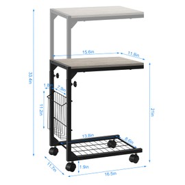 BTY C Shaped Side Table Adjustable Height End Table for Small Spaces C Table with Wheels Couch Table with Storage Laptop Side Table for Sofa Living Room Bedroom (Grey)
