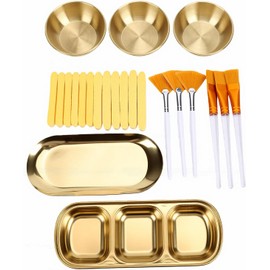ZJchao Juego de Spa Facial, 16 Piezas, Cuencos para Mezclar de Acero Inoxidable Dorado, Cepillos de Ventilador, Aplicadores de Cubierta Facial, Hojas de Esponja con Bandeja de 3 (GOLD)