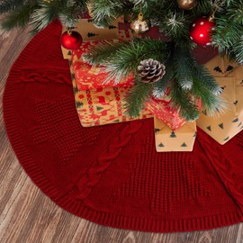 Knitted Christmas Tree Skirt,48 Inch Knit Christmas Tree Skirt Red Burgundy Tree Skirt Cable Knit Xmas Tree Skirt for Holiday Decoration