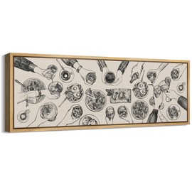 MUDECOR Large Framed Canvas Print Wall Art Culinary Gathering Pen-and-Ink Overhead View of Food and Drinks Antique Retro Fine Art Illustrations Decorative Colorful Multicolor for Bedroom - 60"x20"