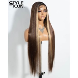 Style Icon 38 inch Super Long Straight Hair Wig 13x4 Lace Frontal Wig for Women Brown Hair with Blonde Synthetic Lace Front Wig Pre Plucked Synthetic Fiber (TTOL4/30S/26J)