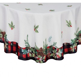 Lintex Aspen Red Black Plaid and Garland Bordered Christmas Tablecloth, Cottage Check Bordered Xmas and Holiday Print Easy Care Fabric Tablecloth, 70 Inch Round