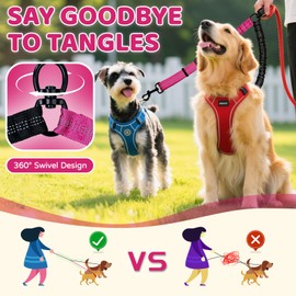 Double Dog Leash Coupler-360° Swivel, No Tangle Dual Walking Leash Attachment with Adjustable Strap & Reflective Shock Absorbing Bungee, Split Lead for Two Different Size Dogs