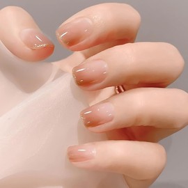 FINGOOO Short Nail Tips, 24 Pieces with Double-Sided Tape, Short, Fake Nails, Round Tip, Gel Nails, Cute, Fake Nails, Coming-of-Age Ceremony, Spring, Summer, Autumn, Winter, Japanese Style (Brown