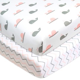 American Baby Company Printed 100% Natural Cotton Jersey Knit Fitted Portable/Mini-Crib Sheet, Pink Whale/Zigzag, Soft Breathable, for Girls, Pack of 2