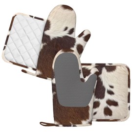 MENGFEISI Cow Print Oven Mitts and Pot Holders Sets for Kitchen Silicone Brown Cowhide Western Farmhouse Oven Gloves Heat Resistant Cow Print Oven Mitts with 2 Non-Slip Pads Kitchen Gloves for Cooking