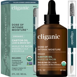 Cliganic Organic Castor Oil, 100% Pure (2oz Glass Bottle with Eyelash Kit) - For Eyelashes, Eyebrows, Hair & Skin (Packaging May Vary)