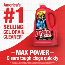 Drano Max Gel Drain Clog Remover and Cleaner for Shower or Sink Drains, Unclogs and Removes Hair, Soap Scum and Blockages, 80 Oz