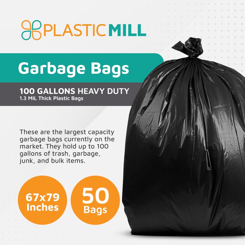 PlasticMill Heavy Duty Trash Bags - Black Garbage Bags -
