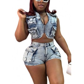 Kwunbwa Denim Outfits for Women's 2 Piece Sets Summer Party & Club Cargo Vest Top and Stretchy Jean Shorts Sets 2025