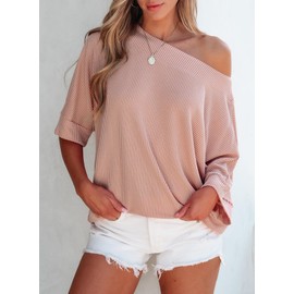 EVALESS 3/4 Length Sleeve Tops for Women Cute Batwing Sleeve Boat Neck One Shoulder Shirts Knitted T Shirts Apricot Pink Large