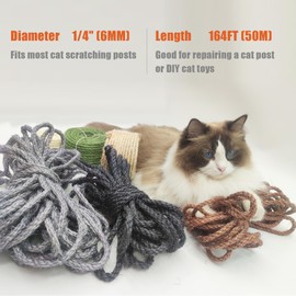 XRzitky Natural Sisal Rope for Cat Scratcher, 1/4 Inch 164FT Sisal Rope for Cat Scratching Post Repair Replacement, Multi Color Cat Scratch Tree Rope Replacement, Original Color