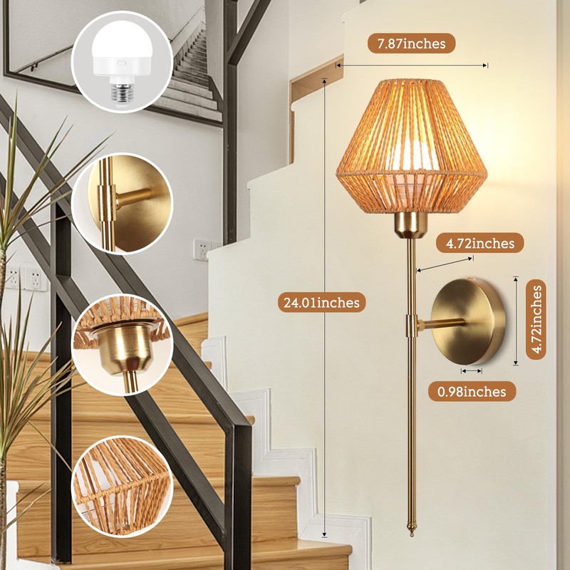 Battery Operated Wall Sconce Set of 2, Rattan Rechargeable Wall