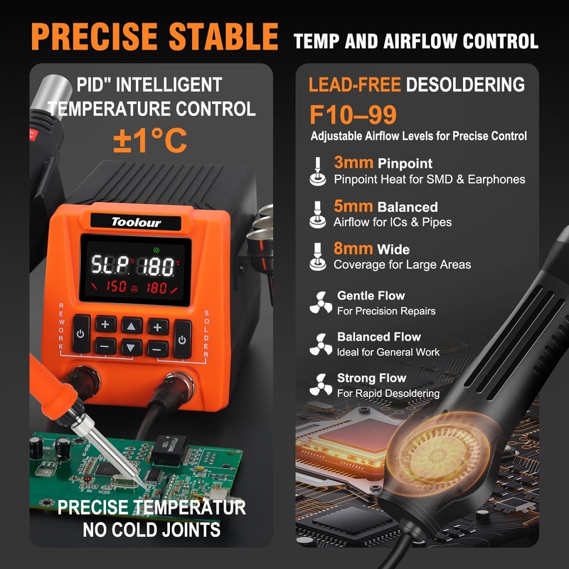 TOOLOUR 2-IN-1 851D Soldering Iron Hot Air Rework Station, 302°F-932°F