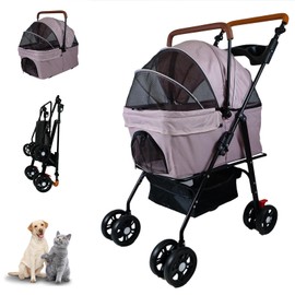 Pet Stroller with Storage Basket and Cup Holder, Folding Dog Stroller, Foldable Cat Stroller, 4 Wheels Puppy Kitten Cat Dog Cart, Breathable Mesh for Medium Dog Cat (Pink)