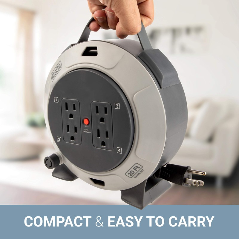 BLACK+DECKER Retractable Extension Cord Reel 20 Ft. With 4 Outlets,