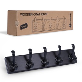 LAMGOMIN Rustic Wooden Coat Rack Wall Mount, Coat Hanger Wall Mount, Heavy Duty Double Hooks for Hanging Coats, Jackets, Towel, Hats, Bag, Key (16.9" Black, 5 Hooks)