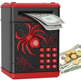 Pupidiu Spider Fingerprint Piggy Bank, ATM Piggy Bank for Kids Boys Girls, Kids Money Saving Box Money Safe (Black)