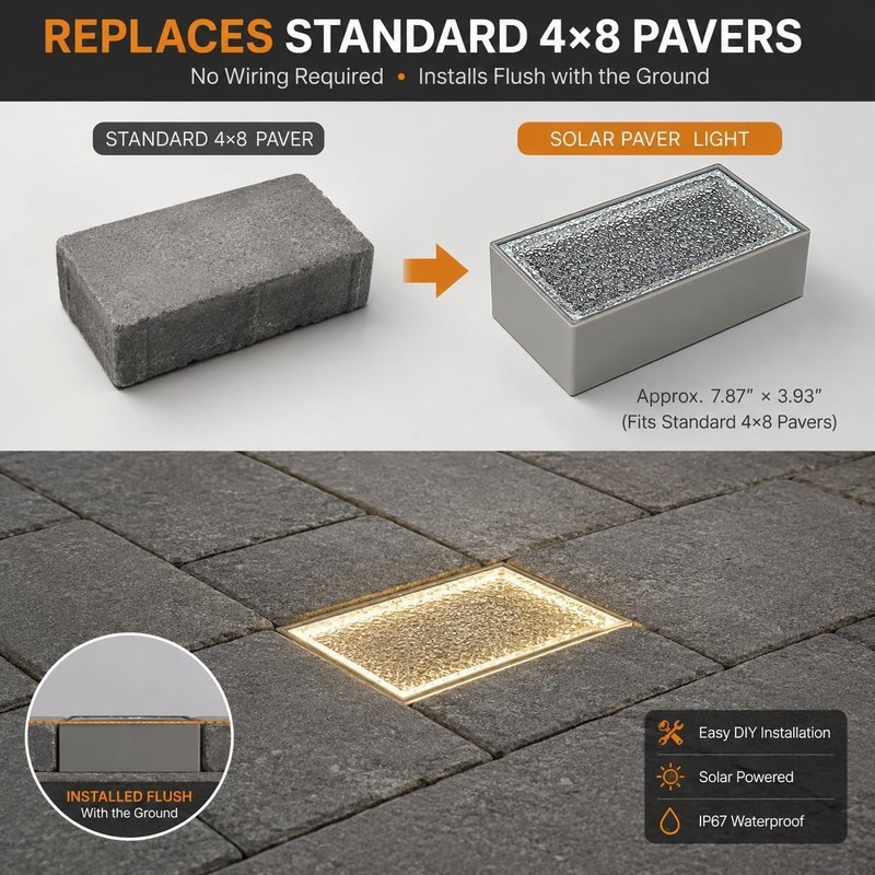 Solar Paver Lights 4x8, Driveway Lights, IP67 Waterproof, 3 Colors,