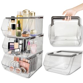 4-Pack Clear Stackable Storage Bins Food Storage Organizer Bins Multi-Use Organizer for Coffee Pods, Snacks, Makeup, Fruits Kitchen Storage